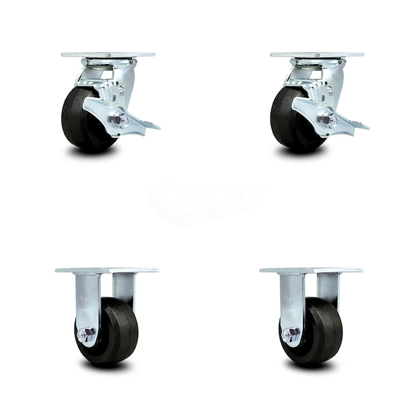 4 Inch Rubber on Steel Caster Set with Ball Bearings 2 Brakes 2 Rigid SCC